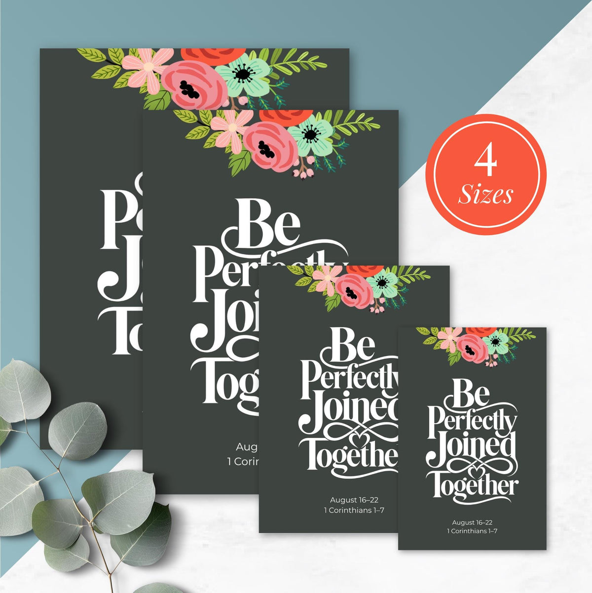Four colorful Bible verse typography posters with floral patterns against dark backgrounds