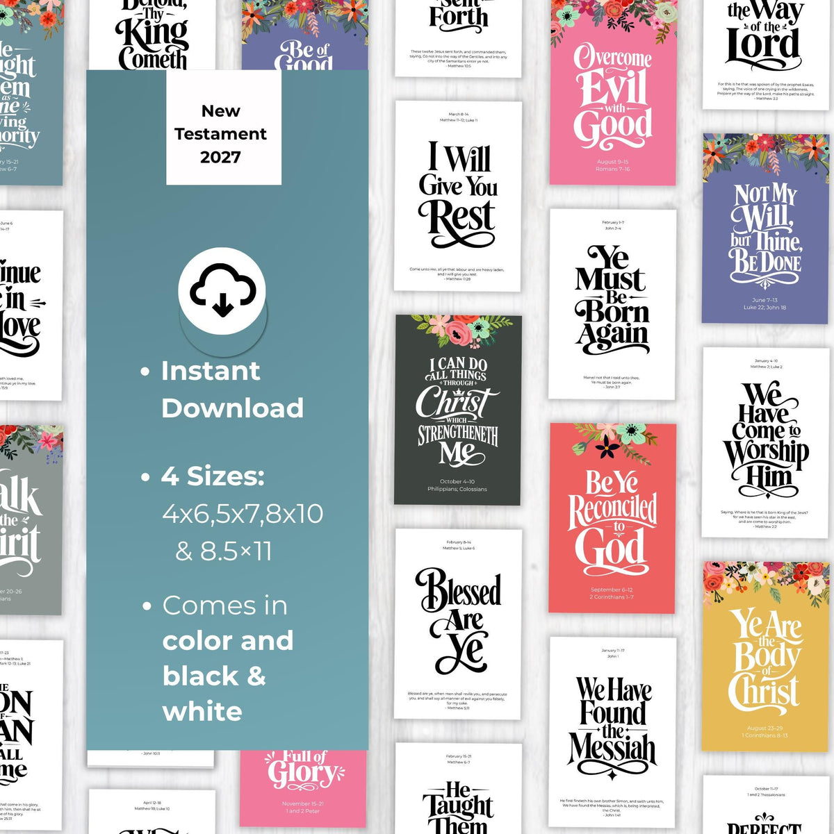 52 weekly New Testament scripture poster designs for Come Follow Me 2027 available in colorful floral typography
