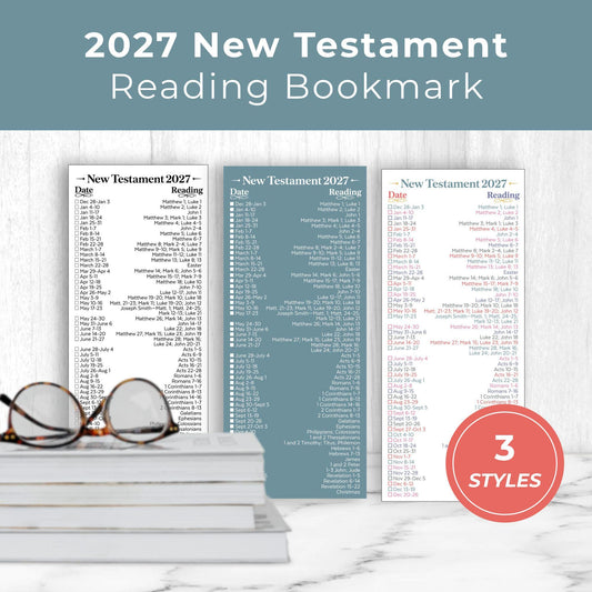2027 Come Follow Me New Testament reading bookmark printable featuring three scripture study schedule designs