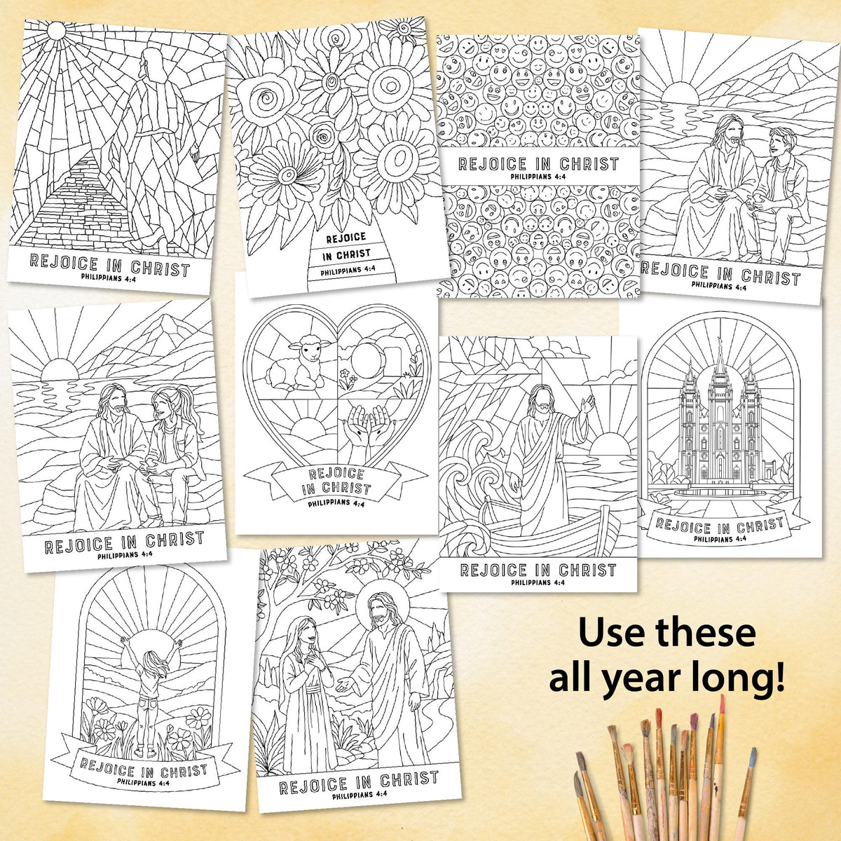 Rejoice in Christ coloring pages, black and white youth theme designs