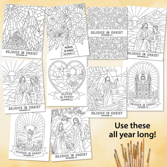 Rejoice in Christ coloring pages, black and white youth theme designs