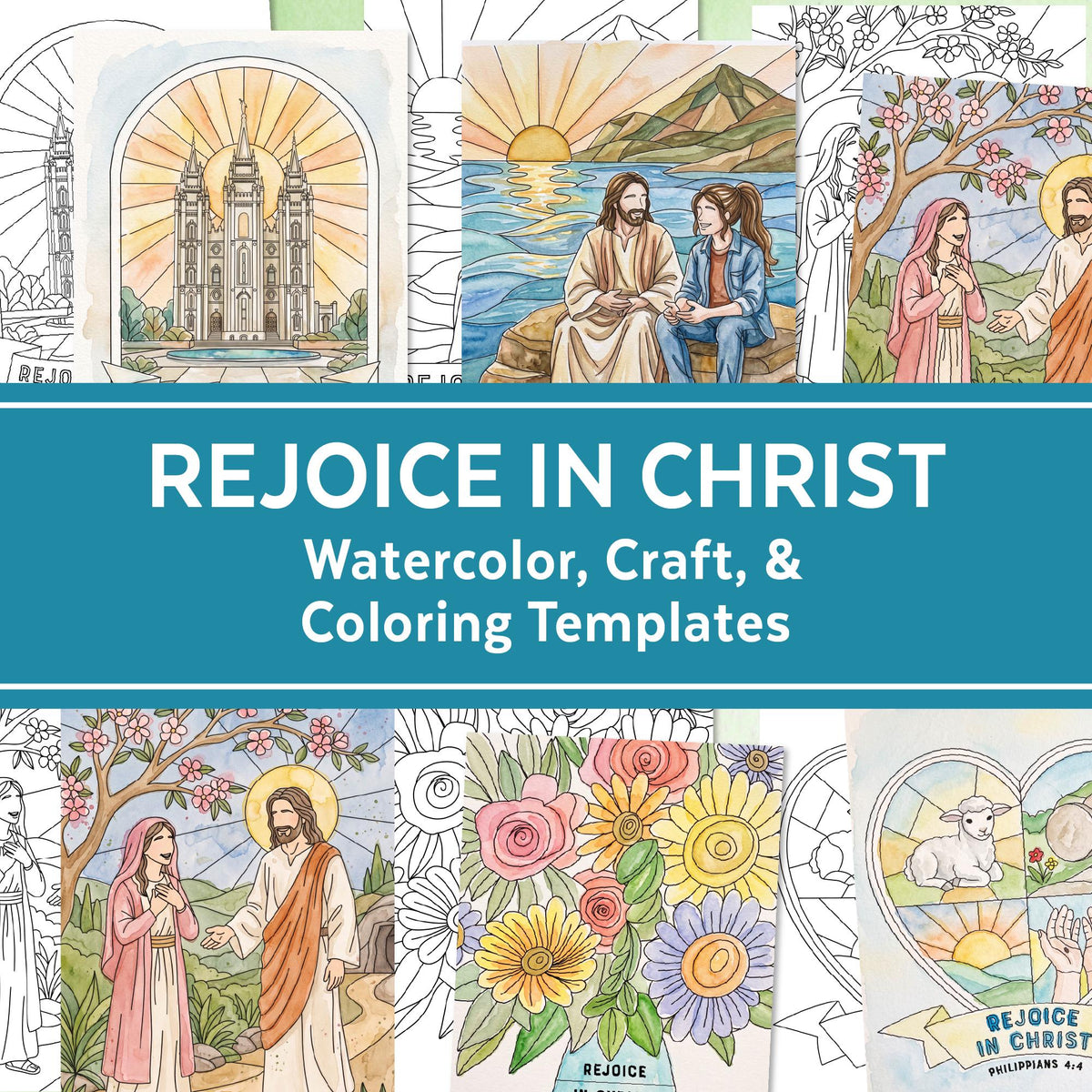 2027 Rejoice in Christ coloring pages, LDS youth theme watercolor craft printables