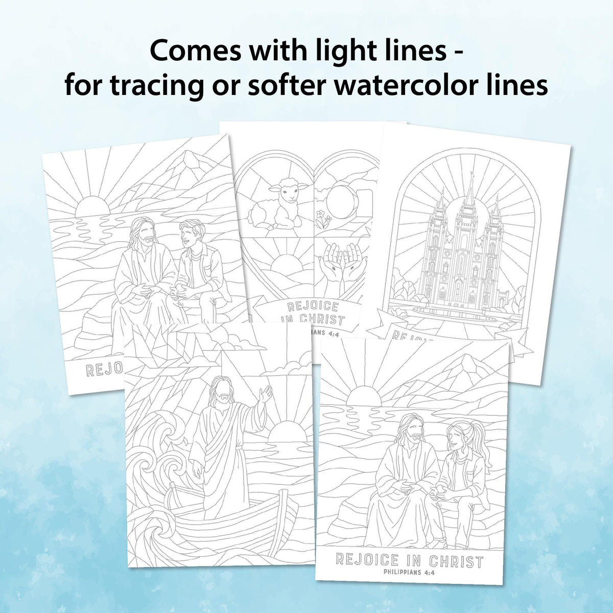 Rejoice in Christ coloring pages, light line versions for watercolor and tracing