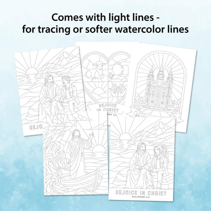 Rejoice in Christ coloring pages, light line versions for watercolor and tracing