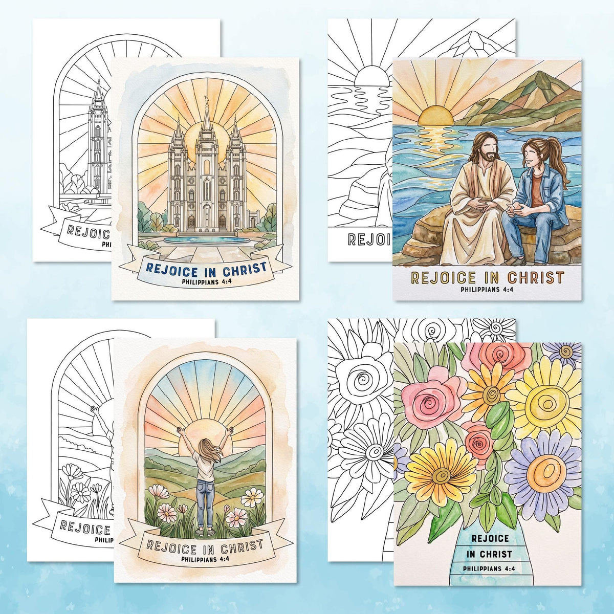 Rejoice in Christ watercolor craft, painted youth theme coloring page examples