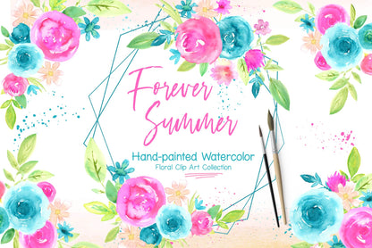 Forever Summer Watercolor Floral Design Clip Art