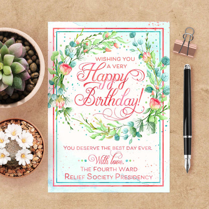 Relief Society Custom Birthday Card | LDS Relief Society Wreath Custom Card
