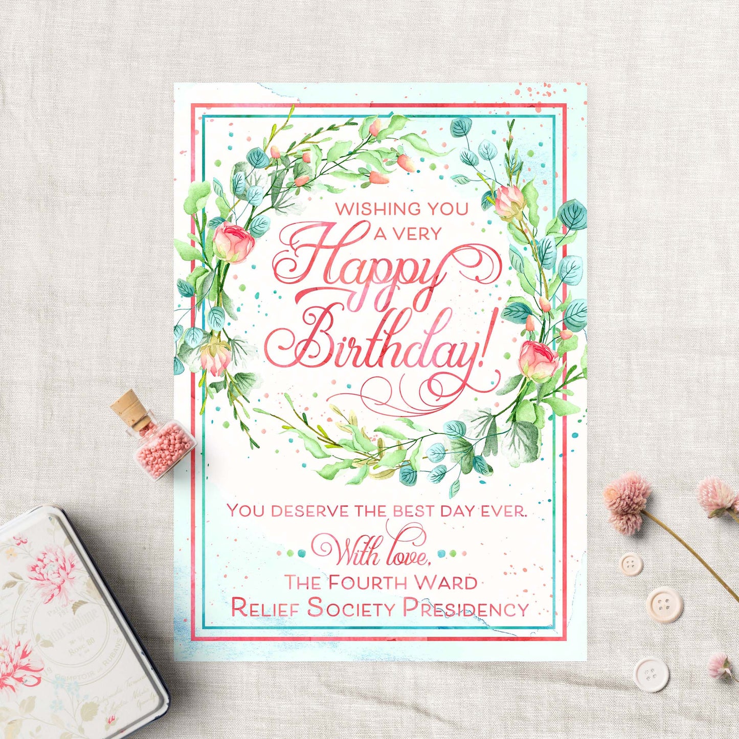 Relief Society Custom Birthday Card | LDS Relief Society Wreath Custom Card