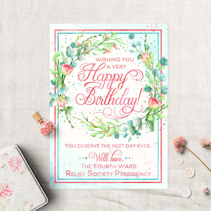 Relief Society Custom Birthday Card | LDS Relief Society Wreath Custom Card