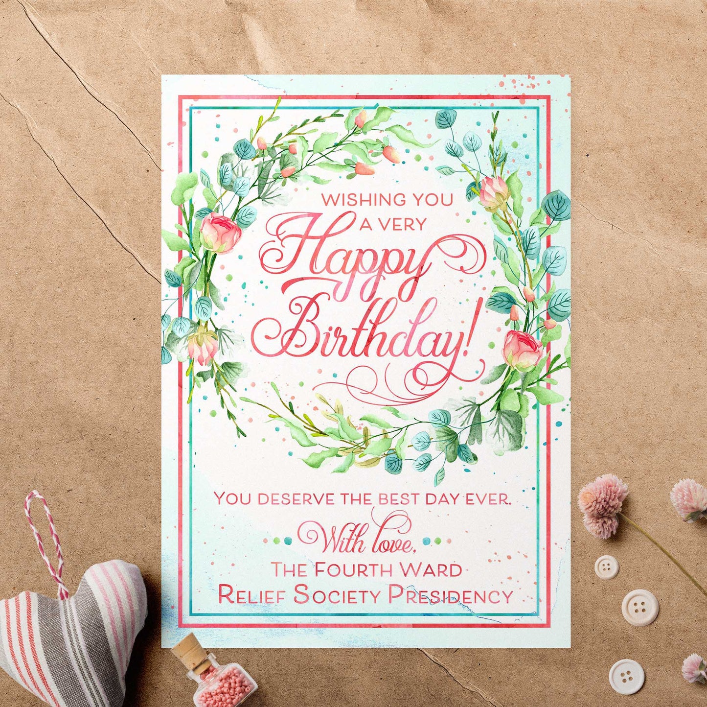 Relief Society Custom Birthday Card | LDS Relief Society Wreath Custom Card