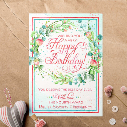 Relief Society Custom Birthday Card | LDS Relief Society Wreath Custom Card