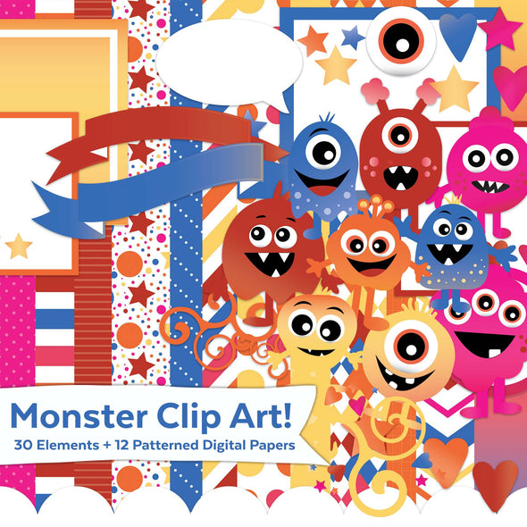 Monster Clip Art | Monster Illustrations | Monster Digital Kit | Digital Scrapbooking Kit | Digital Papers | Commercial Use Okay Graphics