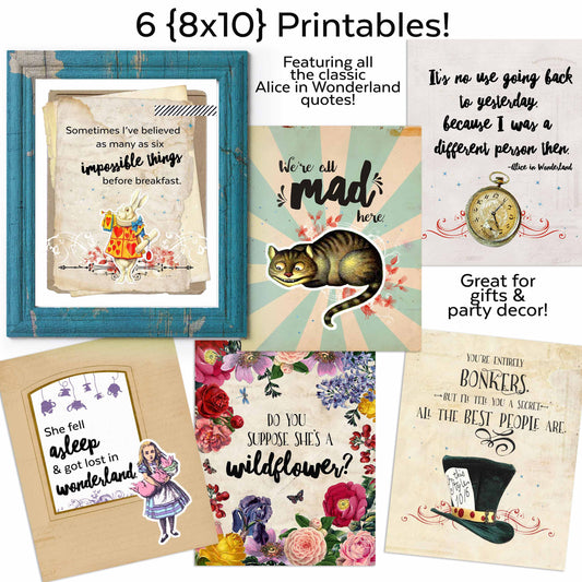 Wall Art Print Collection Digital Download Set Six Literary Quote Prints Nursery Room Styling Package Whimsical Themed Prints Instant Download Format Two Size Options 8x10 And 5x7 JPG Files Book Themed Wall Art Party Styling Collection DIY