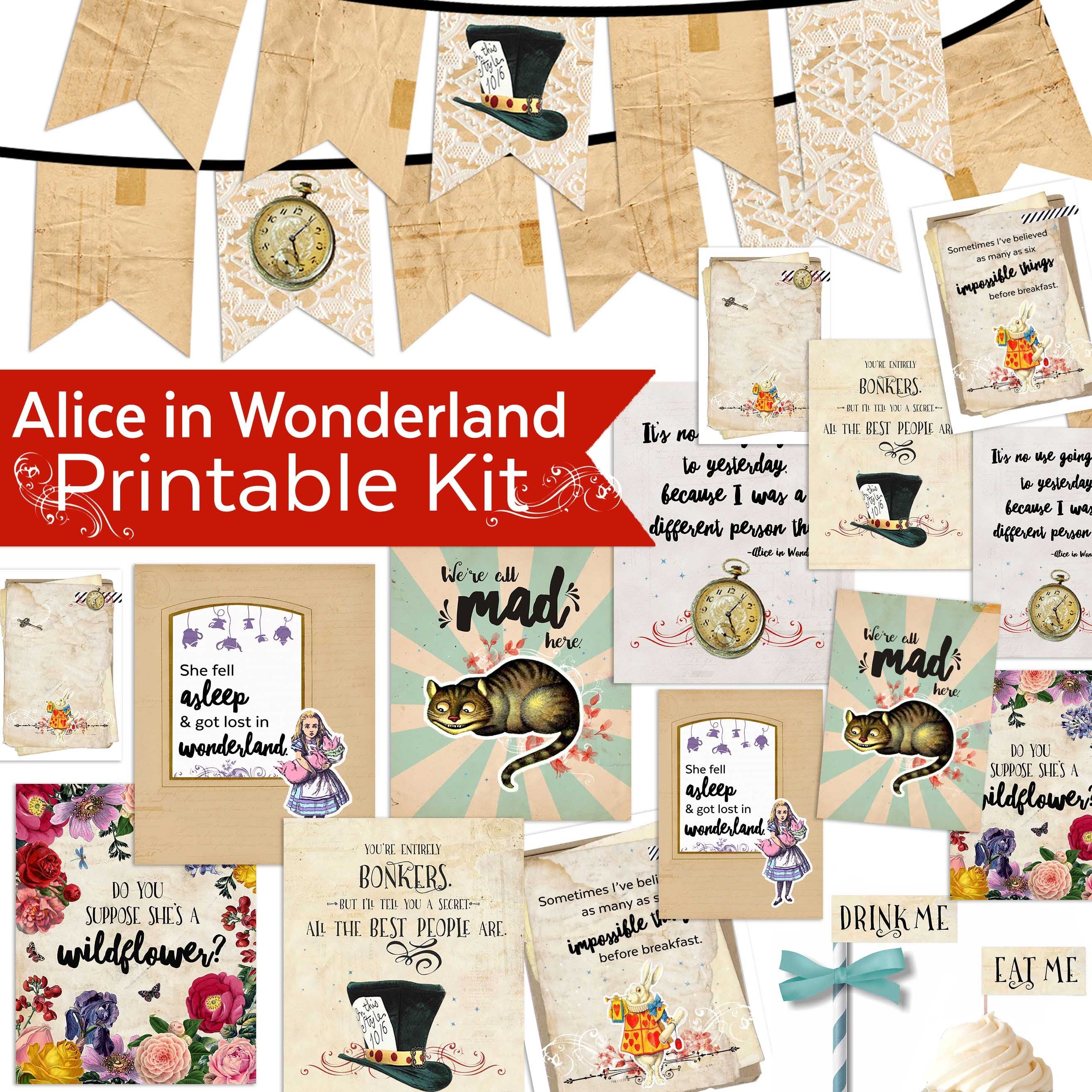 Printable Alice in Wonderland Gift Tags / Labels . 5 Sets of