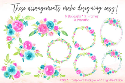 Forever Summer Watercolor Floral Design Clip Art