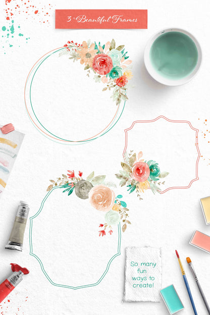 Sweet Dreams Floral Clip Art | Free Commercial Use Watercolor Clip Art | Peach Mint Teal Flowers Clip Art | CU OK