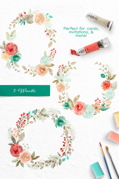 Sweet Dreams Floral Clip Art | Free Commercial Use Watercolor Clip Art | Peach Mint Teal Flowers Clip Art | CU OK