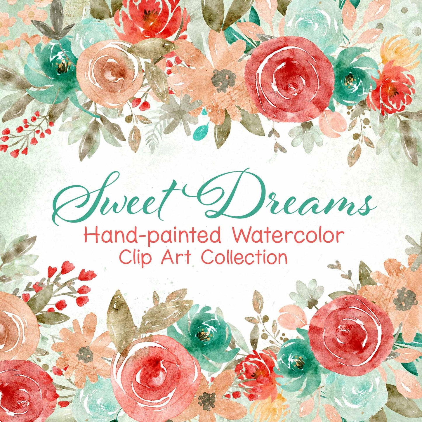 Sweet Dreams Floral Clip Art | Free Commercial Use Watercolor Clip Art | Peach Mint Teal Flowers Clip Art | CU OK