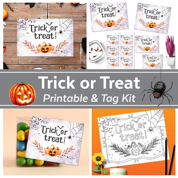Trick or Treat Halloween Printable Kit with Gift Tag and Halloween Coloring Page