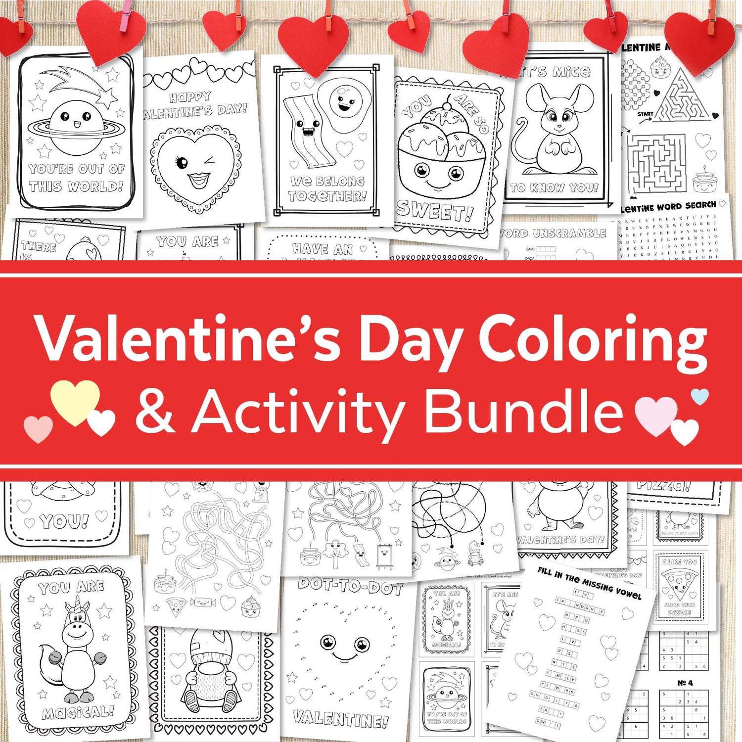 Valentine's Day Coloring and Activity Coloring Bundle | Valentines Day Coloring Pages | Valentine's Day Party Games Pages