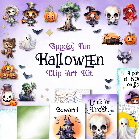 Spooky Fun Halloween Clip Art Kit | Watercolor Cute Halloween Clipart | Instant Download for Commercial Use