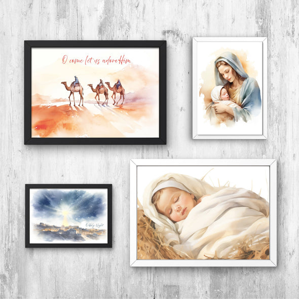 Christmas Christian Wall Art Bundle | Nativity Scene Clipart Watercolor Bundle | Digital Downloads | Christmas Printable Posters Set Of 4